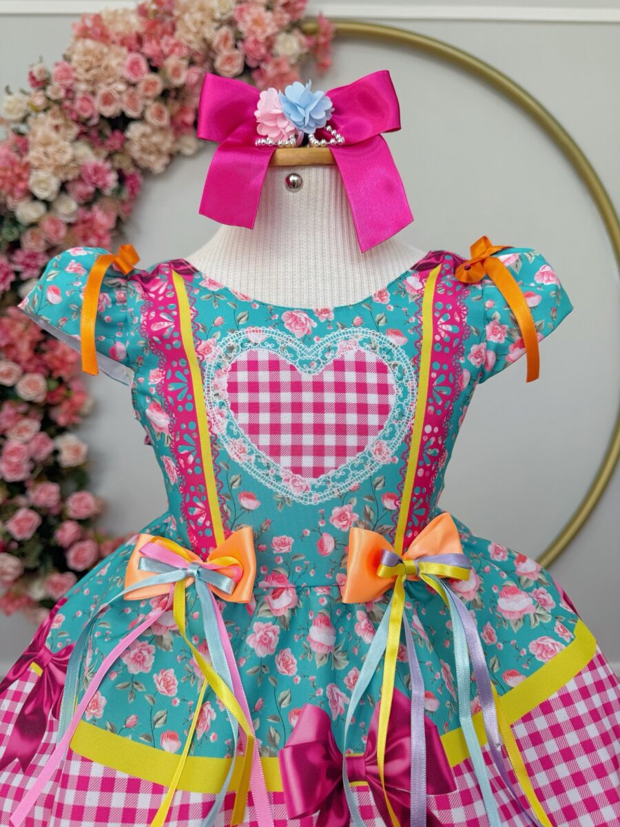 Vestido Junino Infantil Caipira Verde e Xadrez Rosa