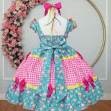 Vestido Junino Infantil Caipira Verde e Xadrez Rosa