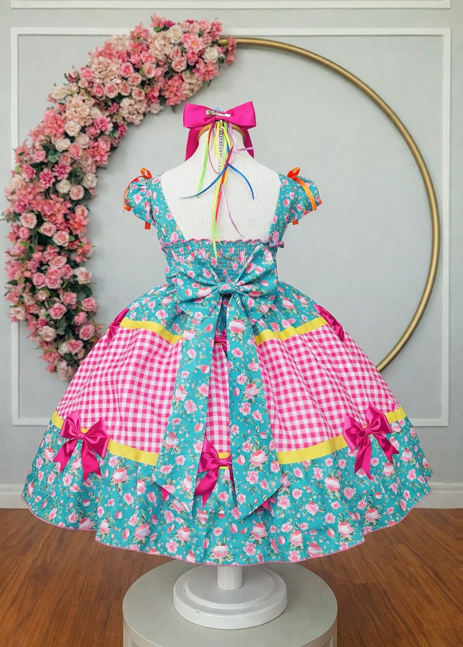 Vestido Junino Infantil Caipira Verde e Xadrez Rosa