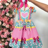 Vestido Junino Infantil Caipira Verde e Xadrez Rosa