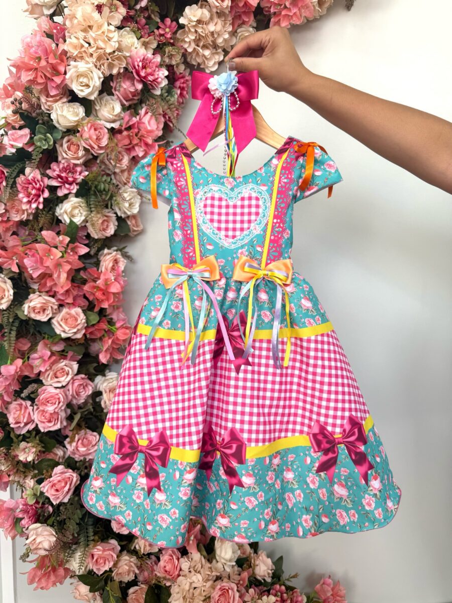Vestido Junino Infantil Caipira Verde e Xadrez Rosa