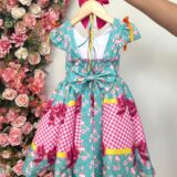 Vestido Junino Infantil Caipira Verde e Xadrez Rosa