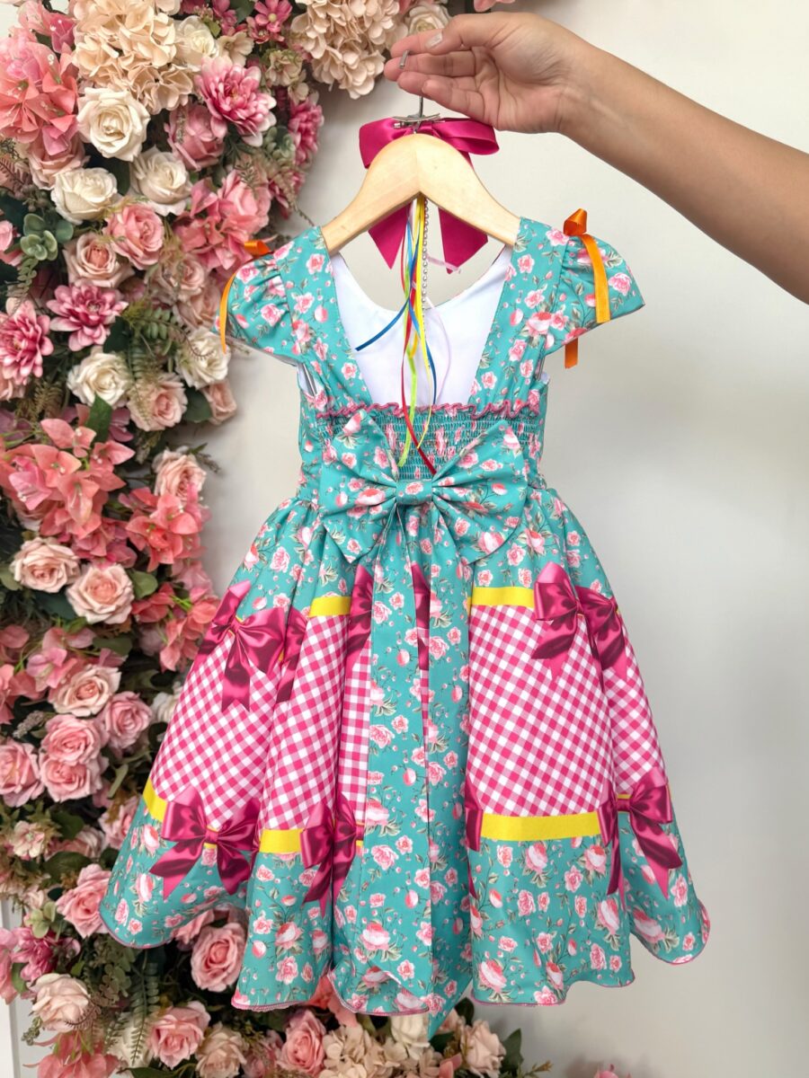 Vestido Junino Infantil Caipira Verde e Xadrez Rosa