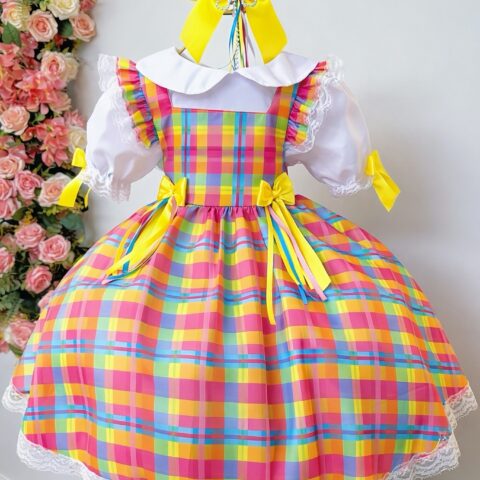 Conjunto Junino Infantil Blusa Branca Saia Xadrez Colorida
