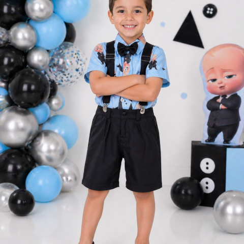 Conjunto Infantil Poderoso Chefinho Short Suspensório Camisa