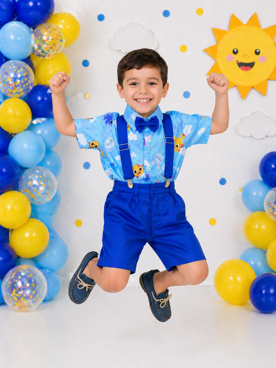 Conjunto Infantil Bolofofos Azul Short Suspensório e Camisa