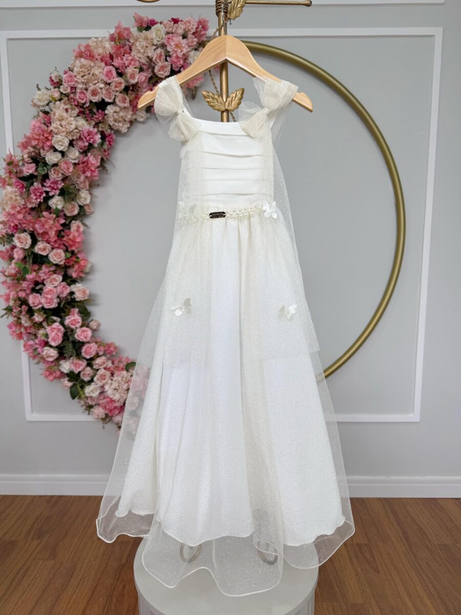 Vestido Infantil Longo Off White com Borboletas Festa