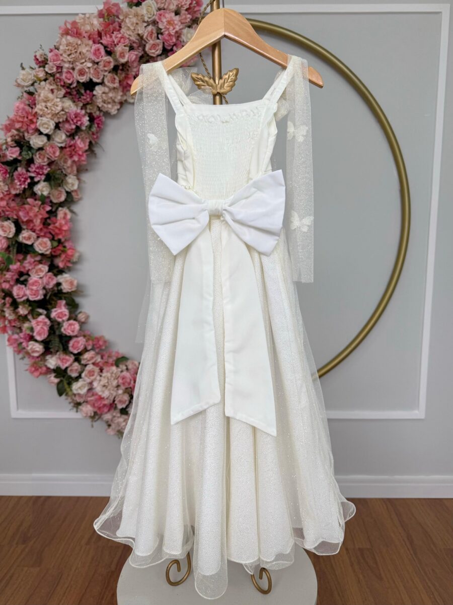 Vestido Infantil Longo Off White com Borboletas Festa