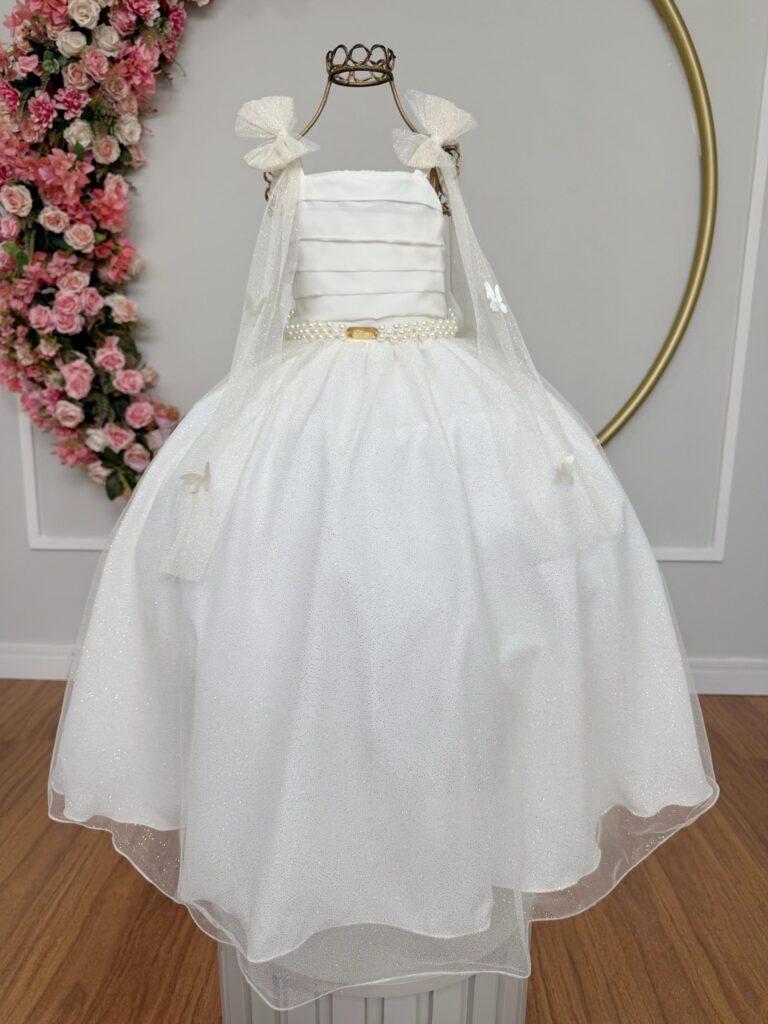 Vestido Infantil Longo Off White com Borboletas Festa
