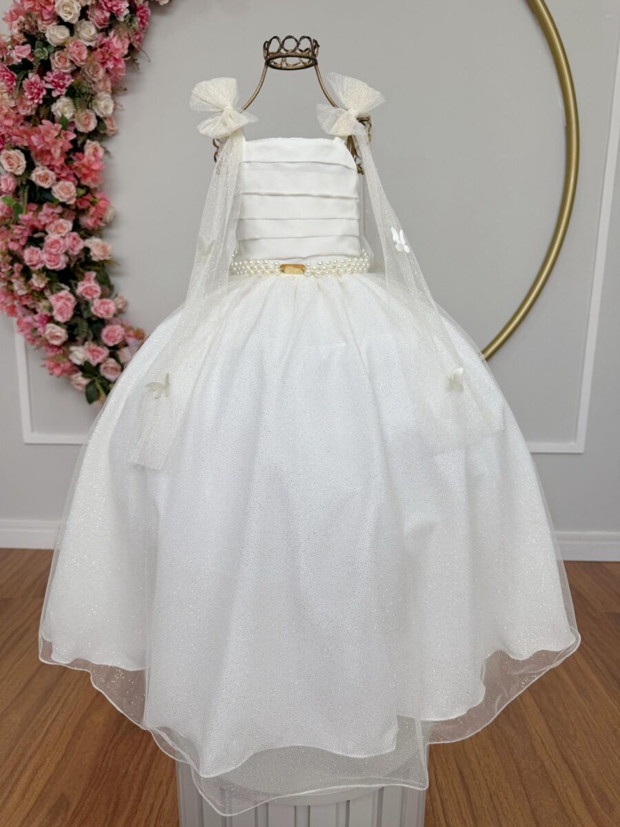 Vestido Infantil Longo Off White com Borboletas Festa