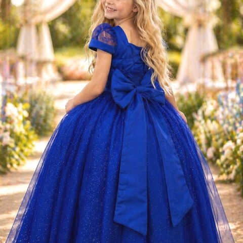 Vestido Infantil Longo Azul Royal Busto Nervura Dama