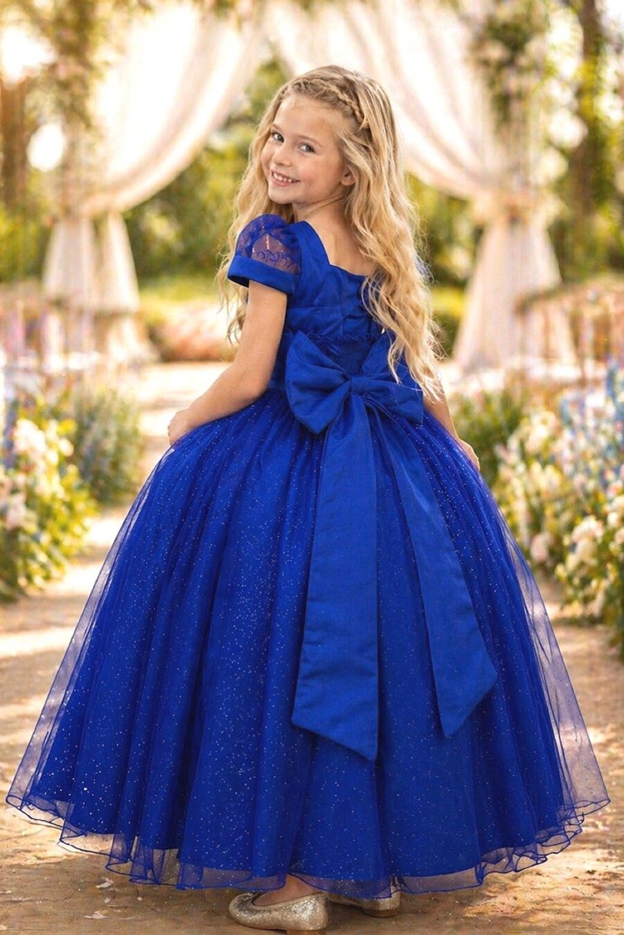 Vestido Infantil Longo Azul Royal Busto Nervura Dama