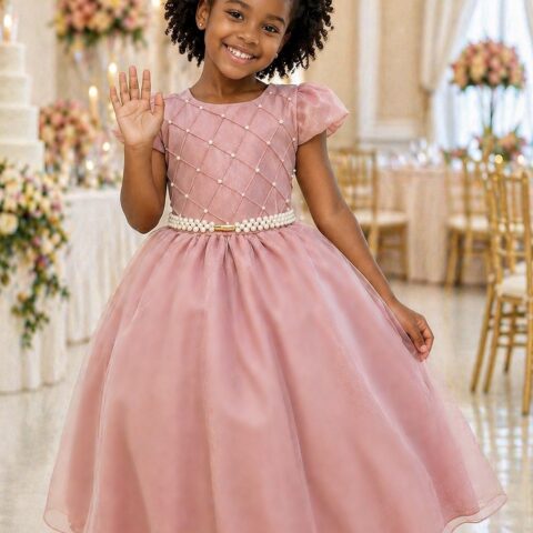 Vestido Infantil Longo Rosê Busto Nervura Daminha