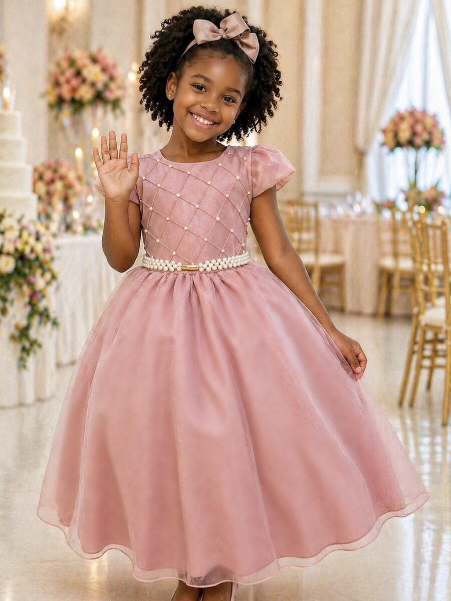 Vestido Infantil Longo Rosê Busto Nervura Daminha