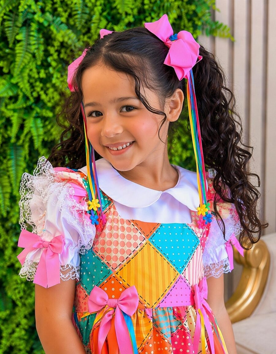 Conjunto Junino Meninas Blusa Branca e Saia Xadrez Colorida