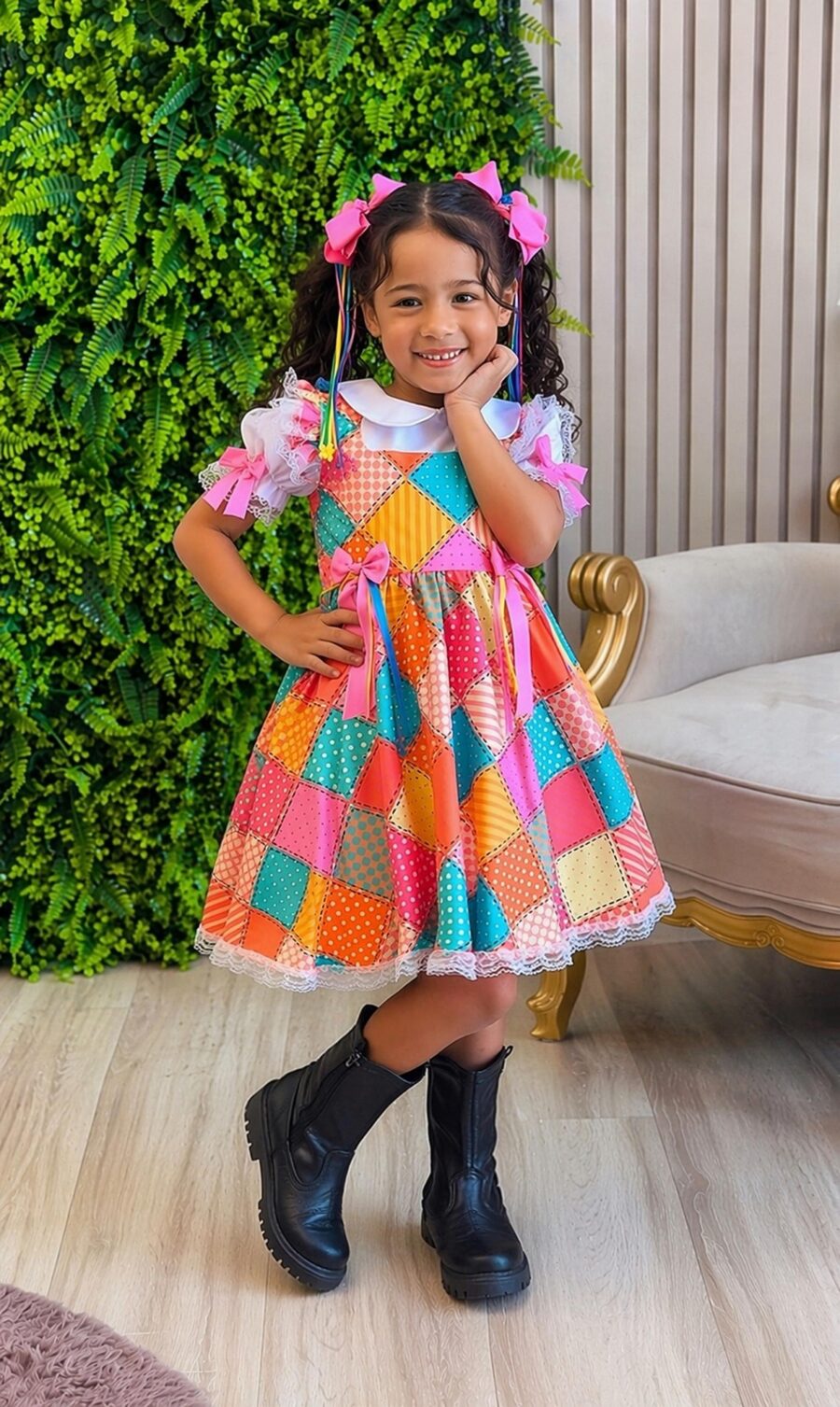Conjunto Junino Meninas Blusa Branca e Saia Xadrez Colorida