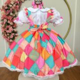 Conjunto Junino Meninas Blusa Branca e Saia Xadrez Colorida