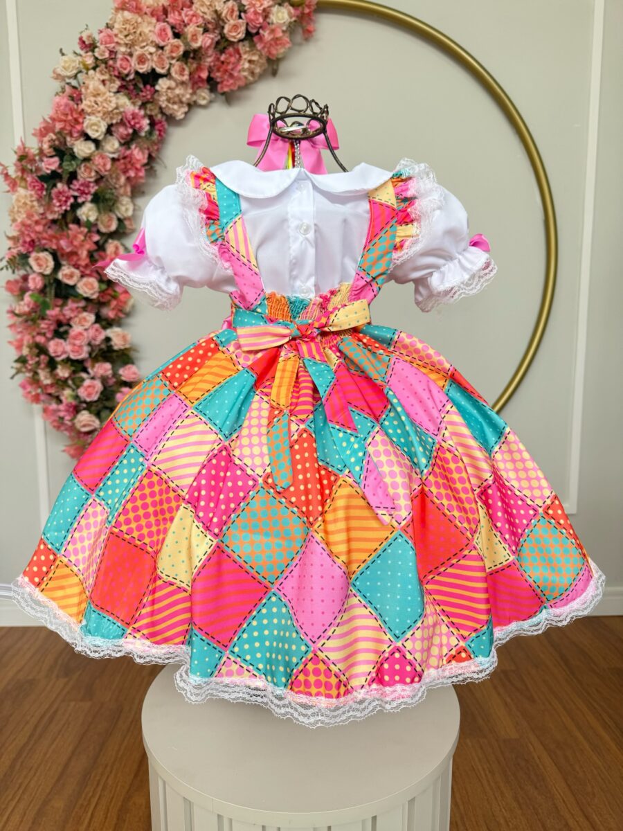 Conjunto Junino Meninas Blusa Branca e Saia Xadrez Colorida