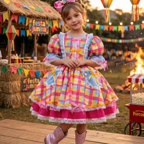 Vestido Junino Infantil Arraiá Azul Xadrez Colorido