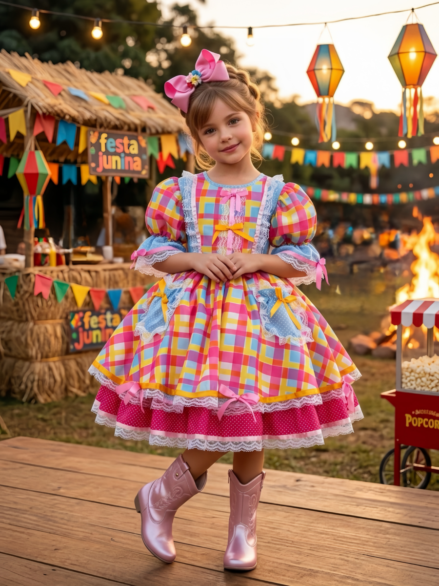 Vestido Junino Infantil Arraiá Azul Xadrez Colorido