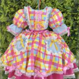 Vestido Junino Infantil Arraiá Azul Xadrez Colorido