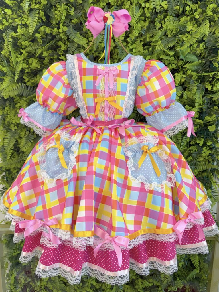 Vestido Junino Infantil Arraiá Azul Xadrez Colorido