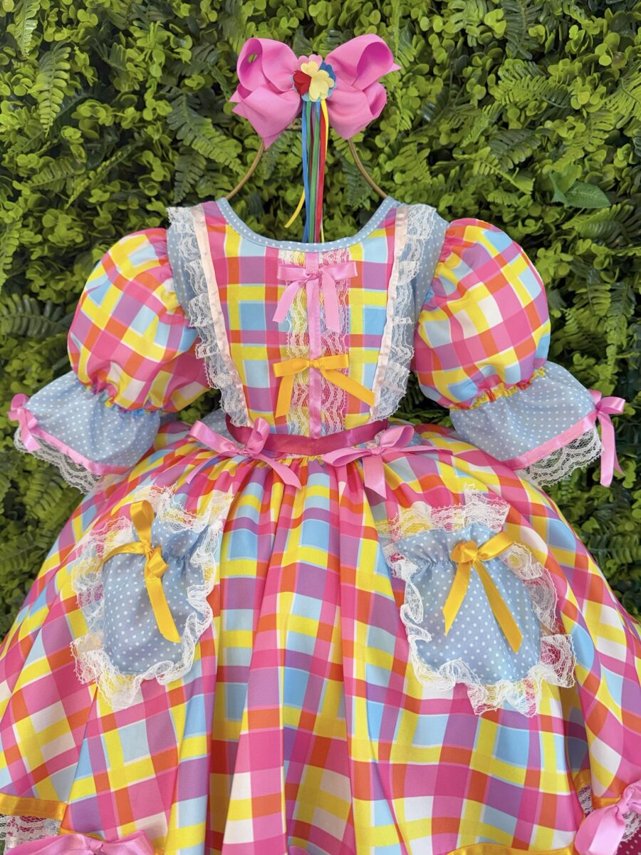 Vestido Junino Infantil Arraiá Azul Xadrez Colorido