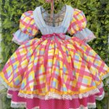 Vestido Junino Infantil Arraiá Azul Xadrez Colorido