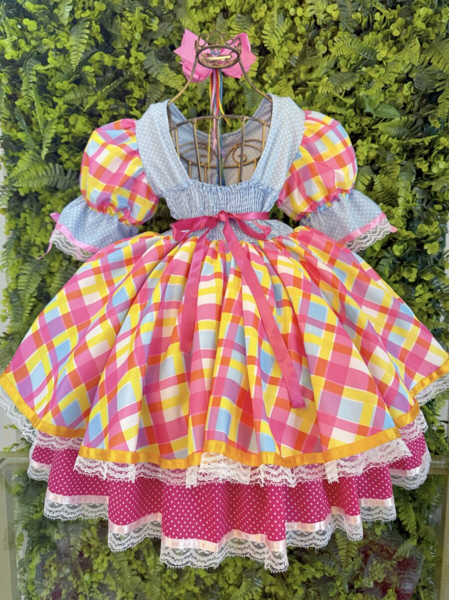 Vestido Junino Infantil Arraiá Azul Xadrez Colorido