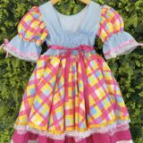 Vestido Junino Infantil Arraiá Azul Xadrez Colorido