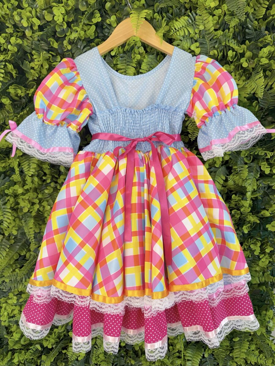 Vestido Junino Infantil Arraiá Azul Xadrez Colorido