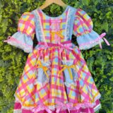 Vestido Junino Infantil Arraiá Azul Xadrez Colorido