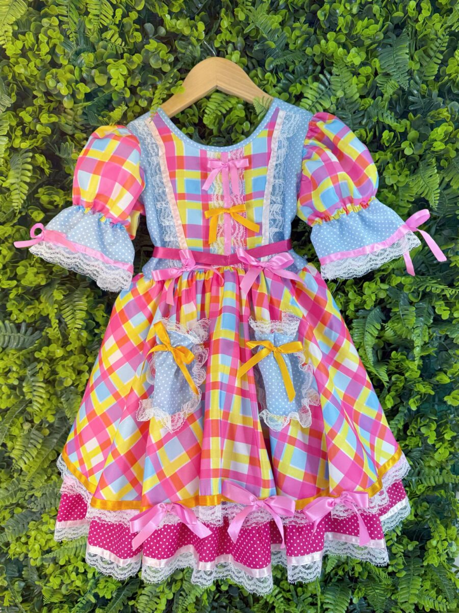 Vestido Junino Infantil Arraiá Azul Xadrez Colorido