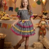 Conjunto Junino Infantil Cropped e Mini Saia Xadrez Preto