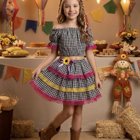 Conjunto Junino Infantil Cropped e Mini Saia Xadrez Preto