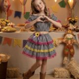 Conjunto Junino Infantil Cropped e Mini Saia Xadrez Preto