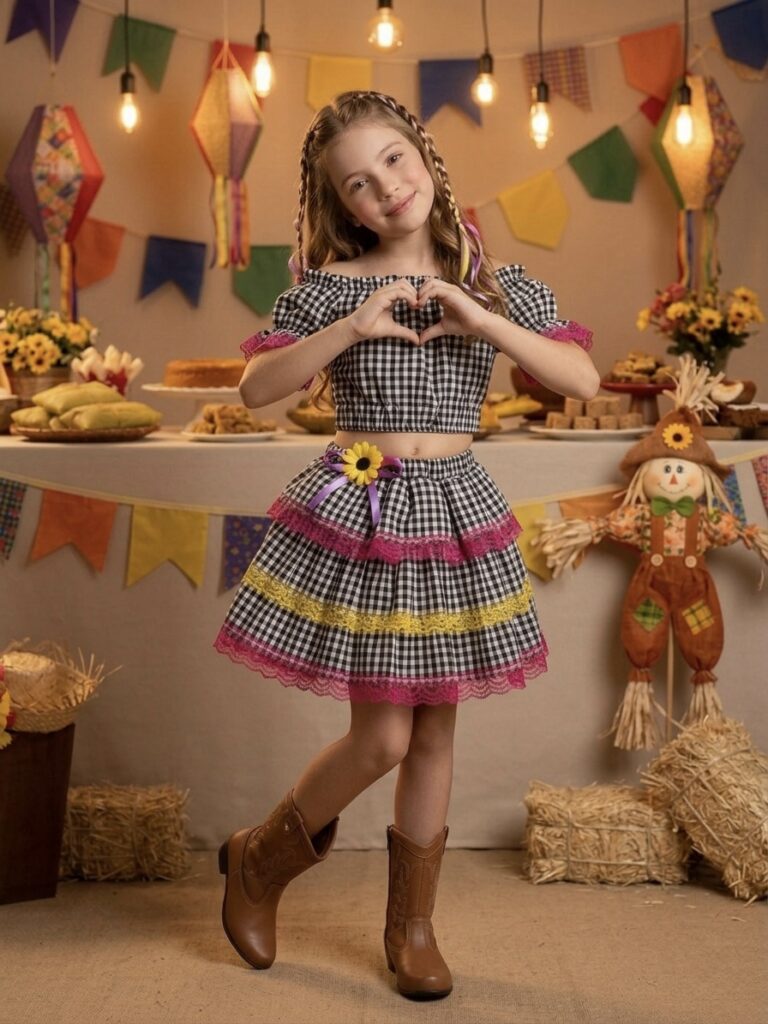 Conjunto Junino Infantil Cropped e Mini Saia Xadrez Preto