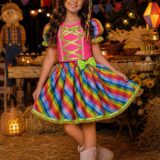 Conjunto Junino Infantil Cropped Rosa e Saia Colorida