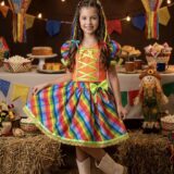 Conjunto Junino Infantil Cropped Laranja Mini Saia Colorida