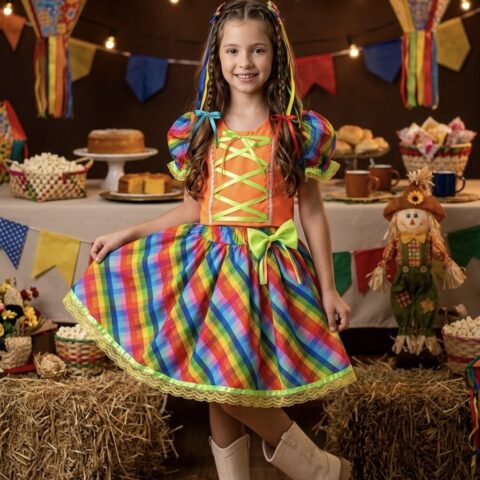 Conjunto Junino Infantil Cropped Laranja Mini Saia Colorida