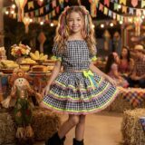 Conjunto Junino Infantil Cropped e Saia Xadrez Preto Luxo