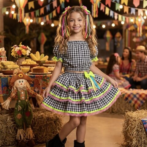 Conjunto Junino Infantil Cropped e Saia Xadrez Preto Luxo