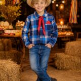 Camisa Junina Infantil Xadrez Azul com Lenço e Gravata