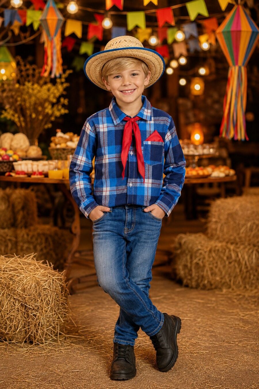 Camisa Junina Infantil Xadrez Azul com Lenço e Gravata