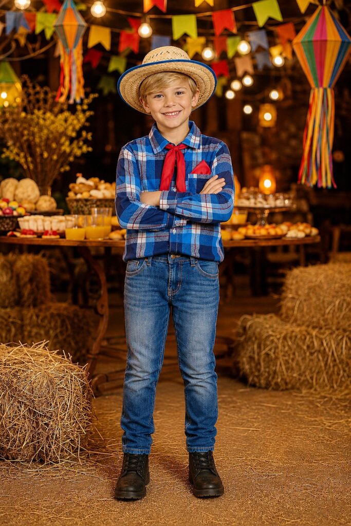 Camisa Junina Infantil Xadrez Azul com Lenço e Gravata