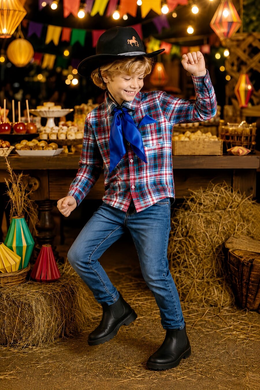 Camisa Junina Infantil Xadrez Verde e Vermelho Lenço Gravata