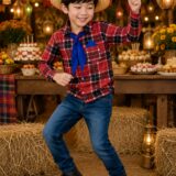 Camisa Junina Infantil Xadrez Vermelho e Preto Lenço Gravata