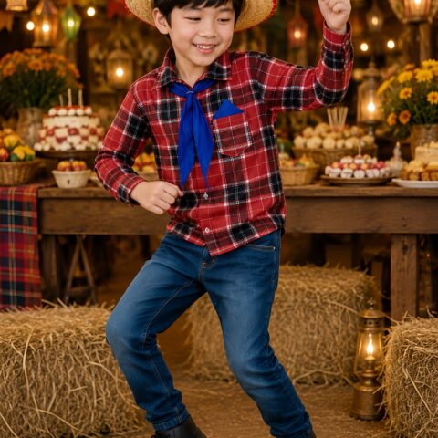 Camisa Junina Infantil Xadrez Vermelho e Preto Lenço Gravata