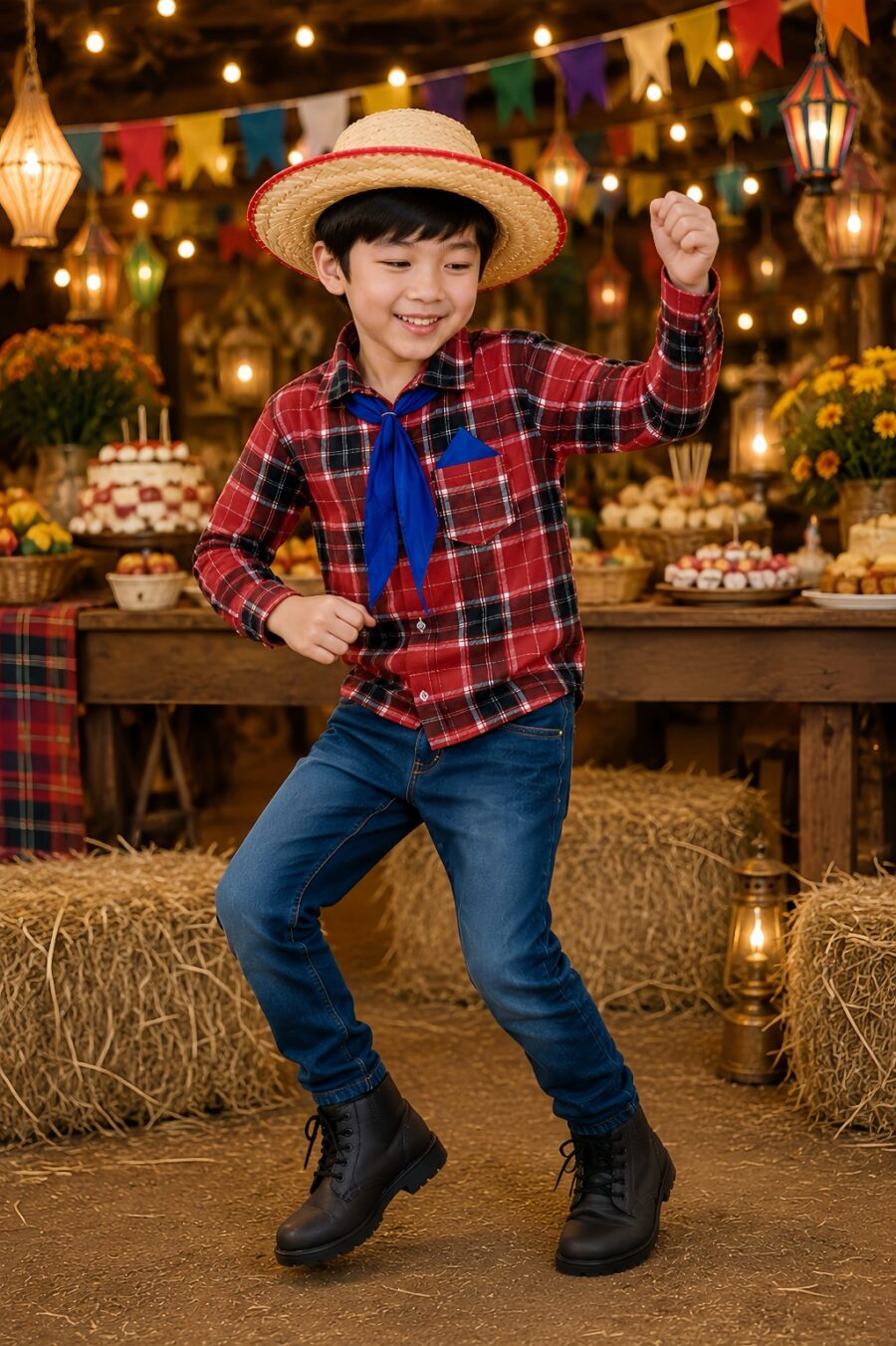 Camisa Junina Infantil Xadrez Vermelho e Preto Lenço Gravata