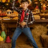 Camisa Junina Infantil Xadrez Preto e Laranja Lenço Gravata